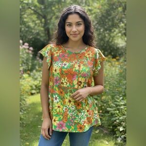 Savanna Jane Boho Mod Floral Flutter Sleeve Top - Embroidered Details - 3X NWT